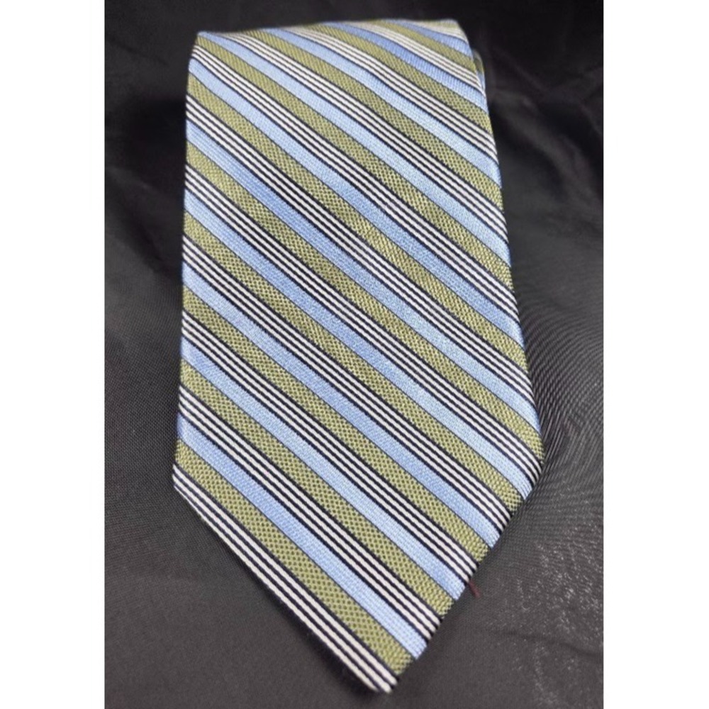 Nautica 100% Silk Men's Necktie Blue Gold Silver Striped Vintage Wide Made USA